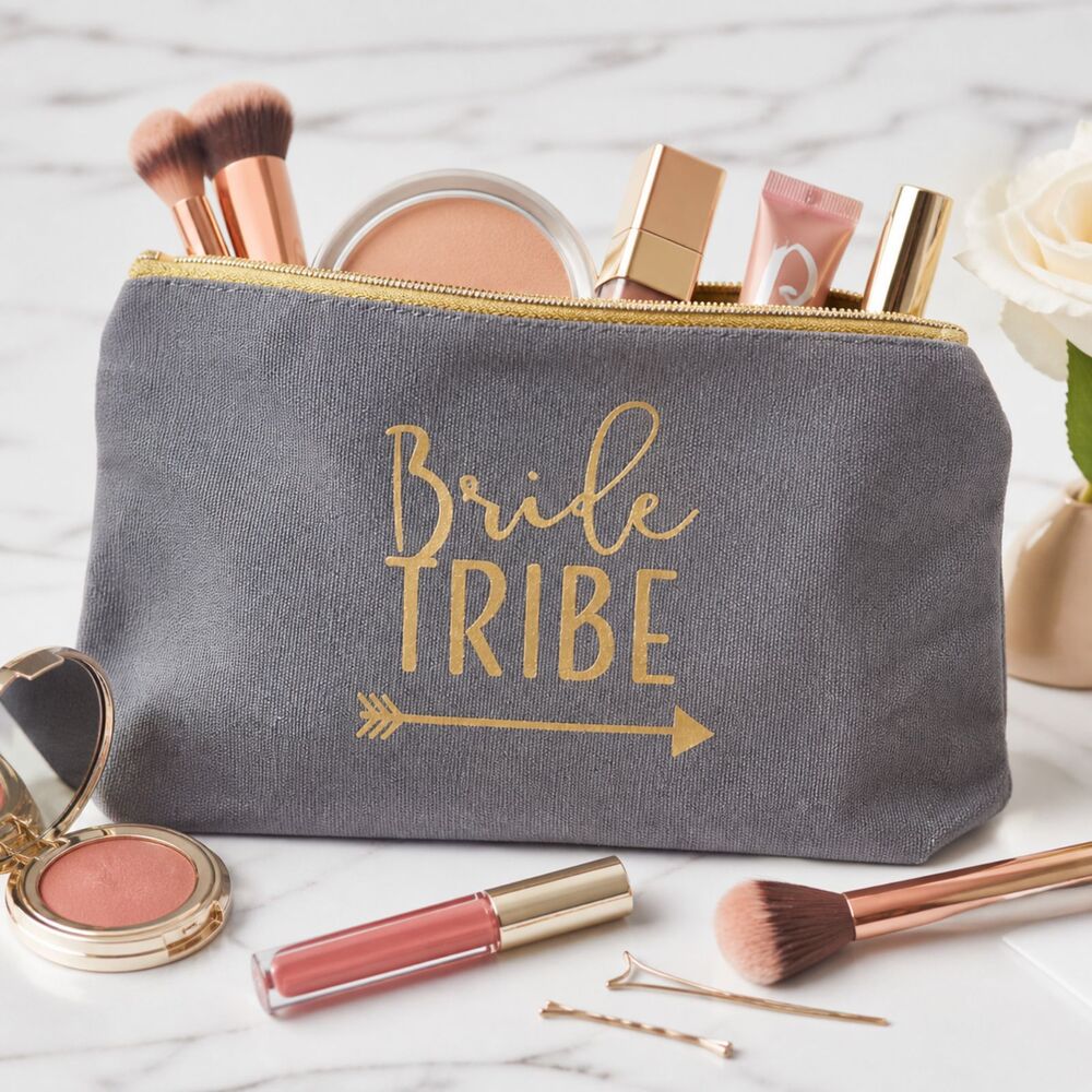 Bride Tribe Canvas Makeup Bag Gray Gold Bridal Party Cosmetic Travel Pouch